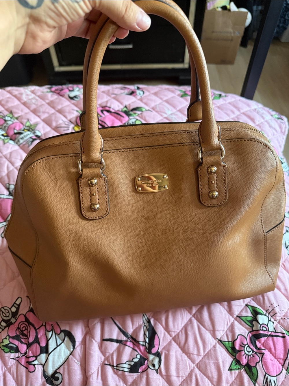 Michael Kors Cognac Leather Satchel with Gold Hardware
